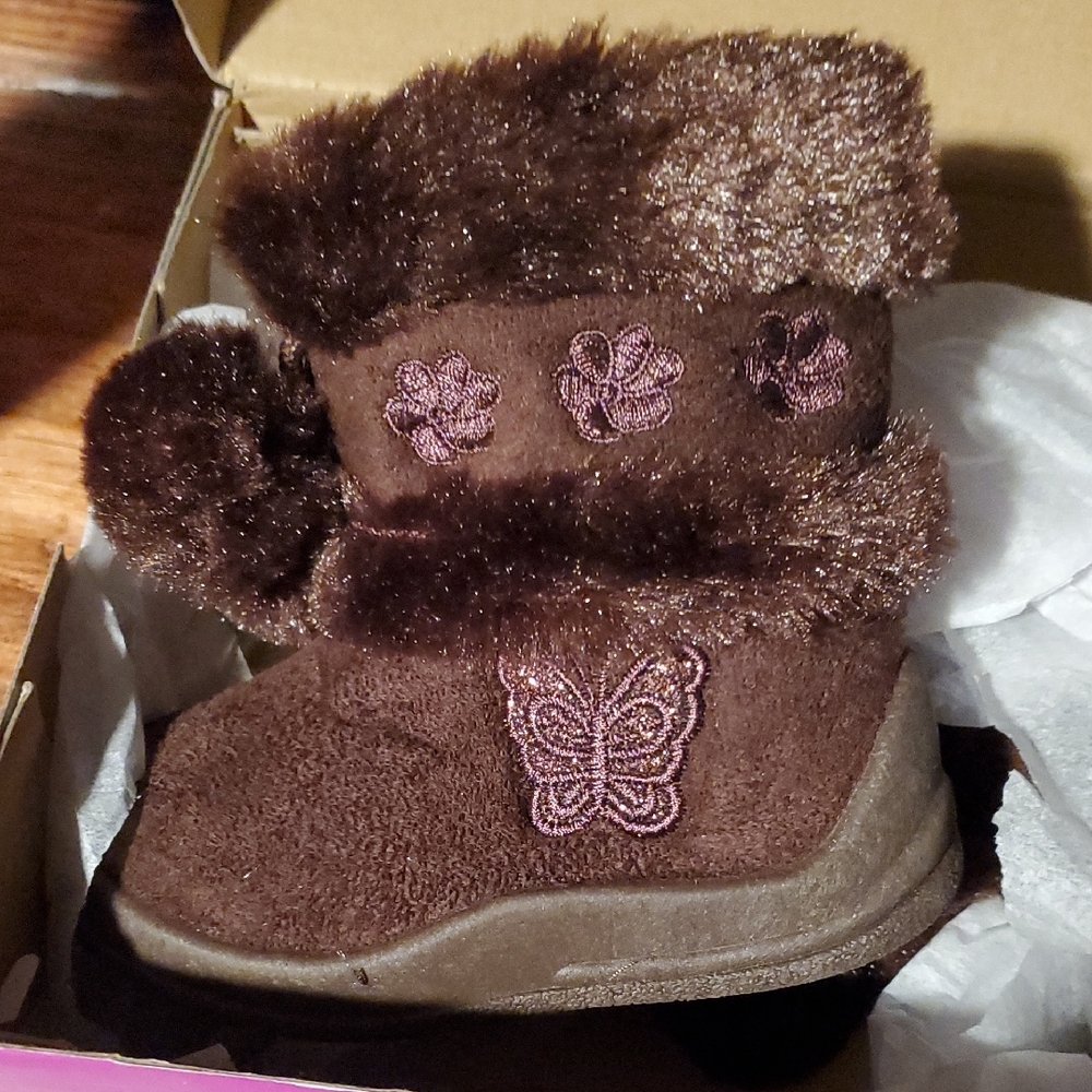 Brown Furry Boots with Butterfly and flower Prints
